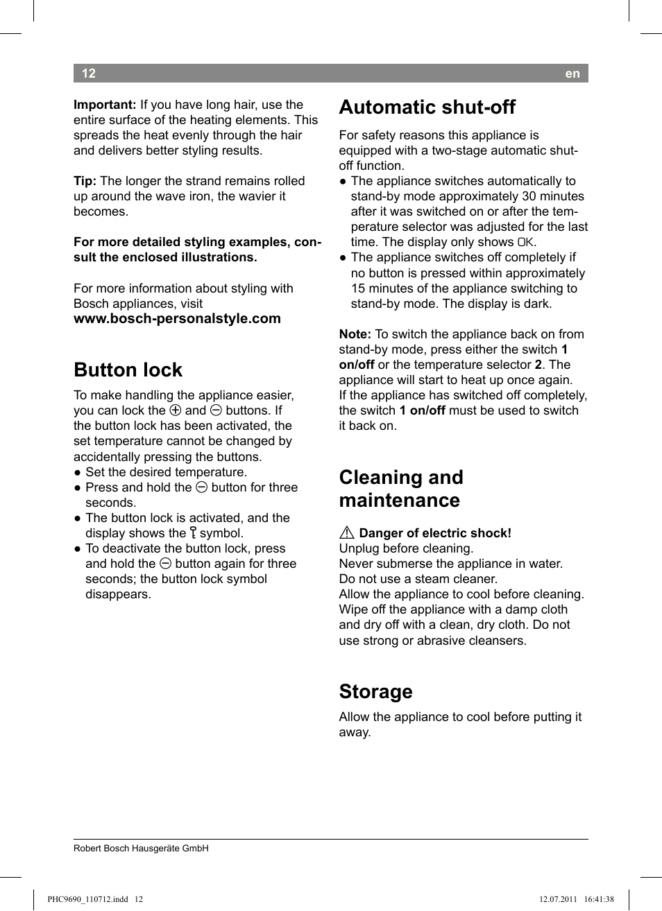 Button lock, Automatic shut-off, Cleaning and maintenance | Storage | Bosch PHC9690 Lockenformer ProSalon G-curler User Manual | Page 16 / 120