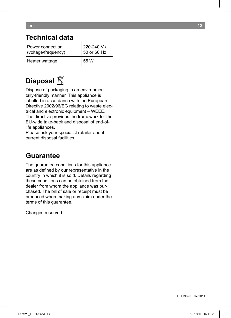 Technical data, Disposal, Guarantee | Bosch PHC9690 Lockenformer ProSalon G-curler User Manual | Page 17 / 120