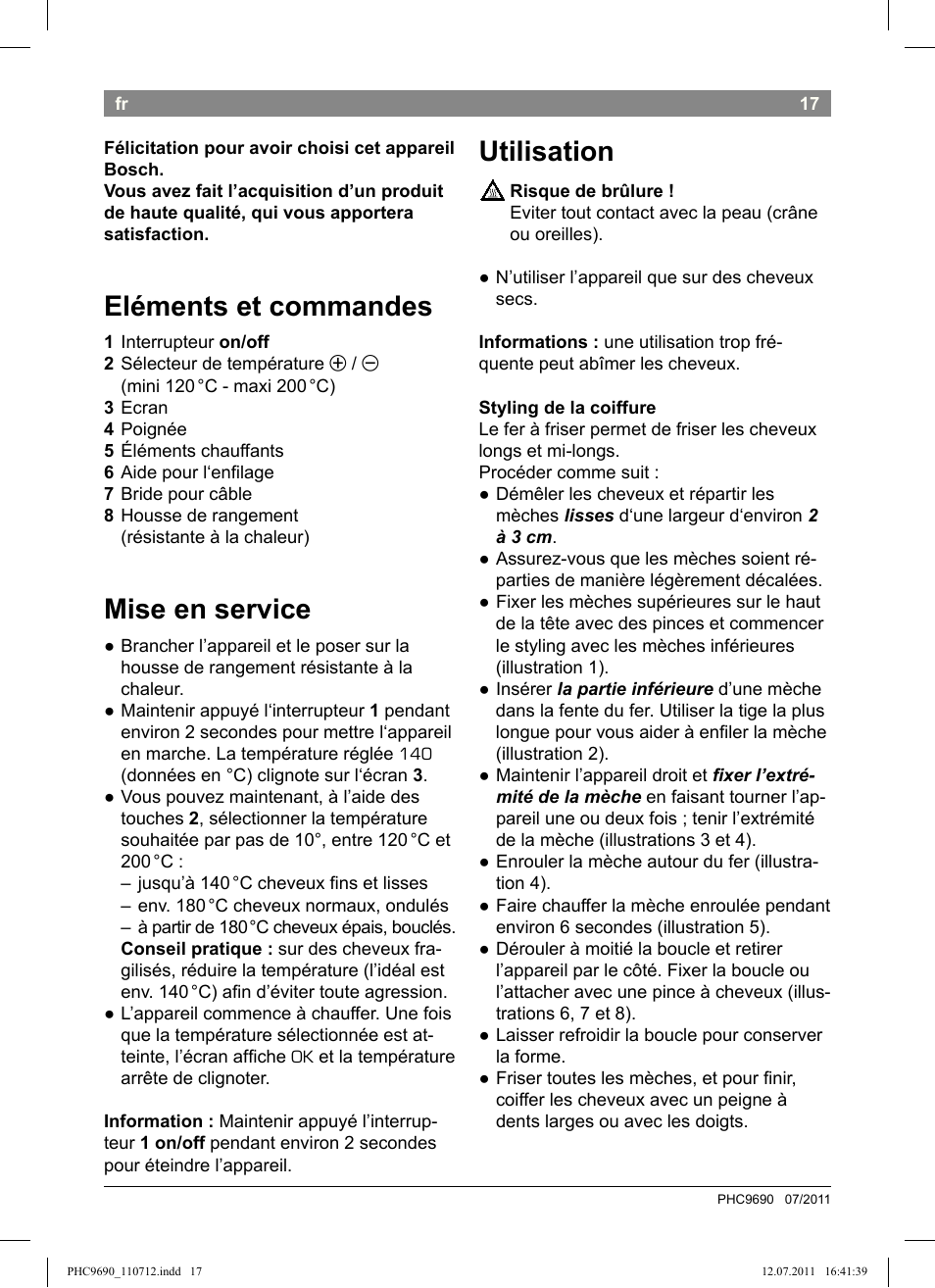 Eléments et commandes, Mise en service, Utilisation | Bosch PHC9690 Lockenformer ProSalon G-curler User Manual | Page 21 / 120