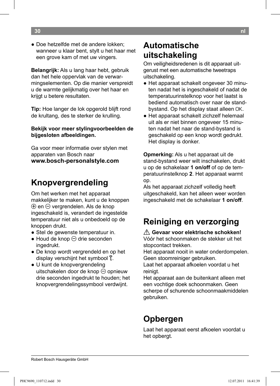 Knopvergrendeling, Automatische uitschakeling, Reiniging en verzorging | Opbergen | Bosch PHC9690 Lockenformer ProSalon G-curler User Manual | Page 34 / 120