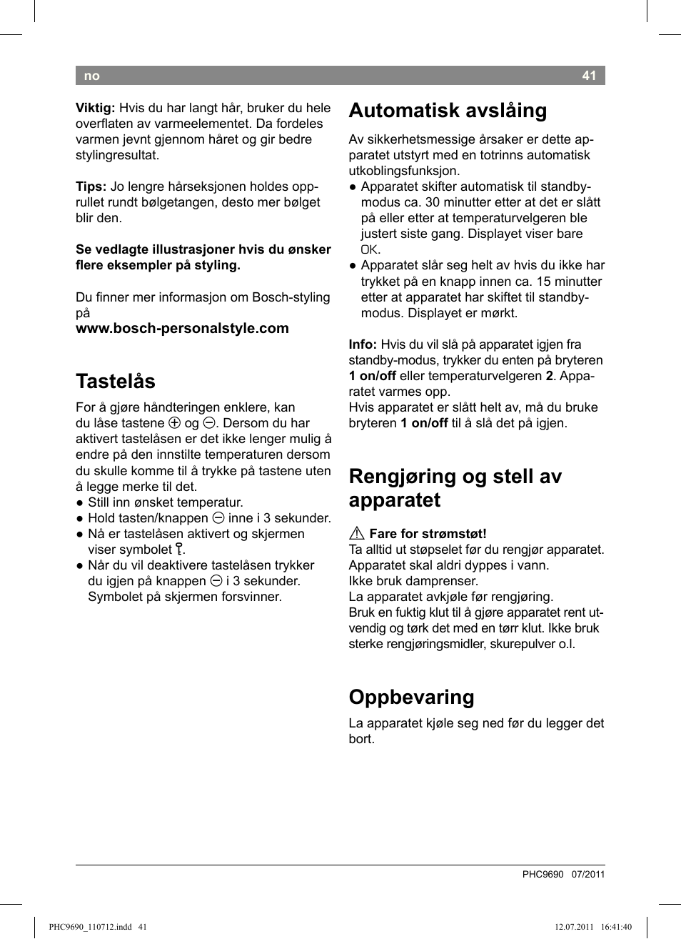 Tastelås, Automatisk avslåing, Rengjøring og stell av apparatet | Oppbevaring | Bosch PHC9690 Lockenformer ProSalon G-curler User Manual | Page 45 / 120