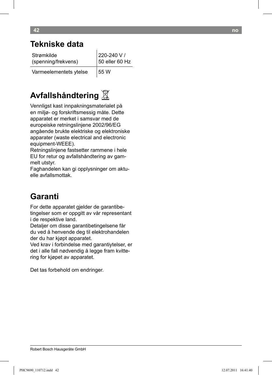 Tekniske data, Avfallshåndtering, Garanti | Bosch PHC9690 Lockenformer ProSalon G-curler User Manual | Page 46 / 120