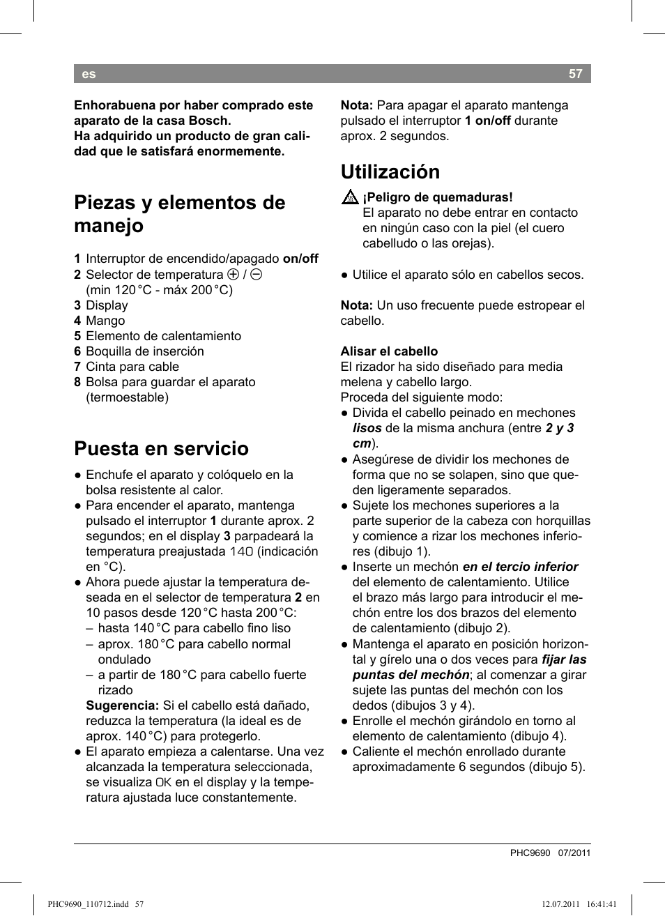 Piezas y elementos de manejo, Puesta en servicio, Utilización | Bosch PHC9690 Lockenformer ProSalon G-curler User Manual | Page 61 / 120