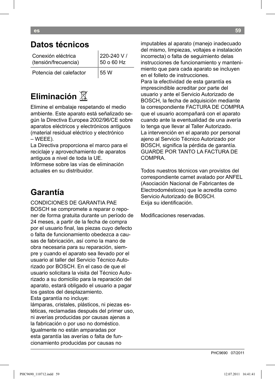 Datos técnicos, Eliminación, Garantía | Bosch PHC9690 Lockenformer ProSalon G-curler User Manual | Page 63 / 120