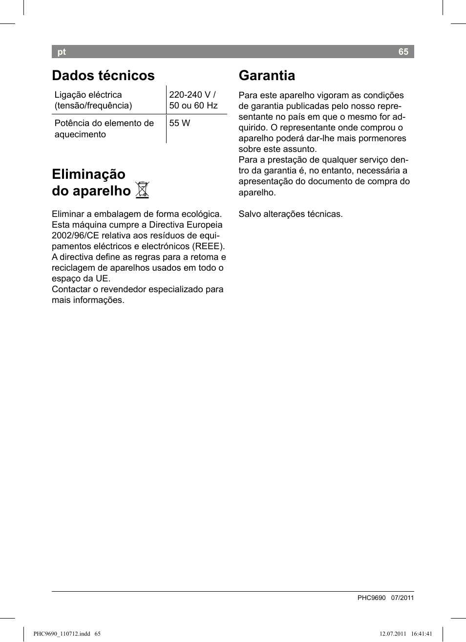 Dados técnicos, Eliminação do aparelho, Garantia | Bosch PHC9690 Lockenformer ProSalon G-curler User Manual | Page 69 / 120