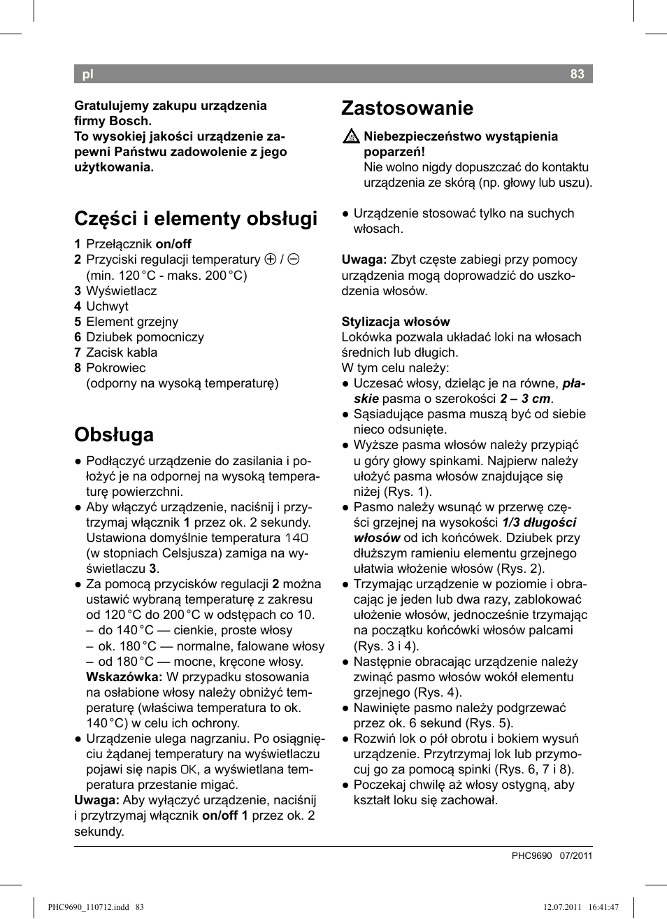 Części i elementy obsługi, Obsługa, Zastosowanie | Bosch PHC9690 Lockenformer ProSalon G-curler User Manual | Page 87 / 120