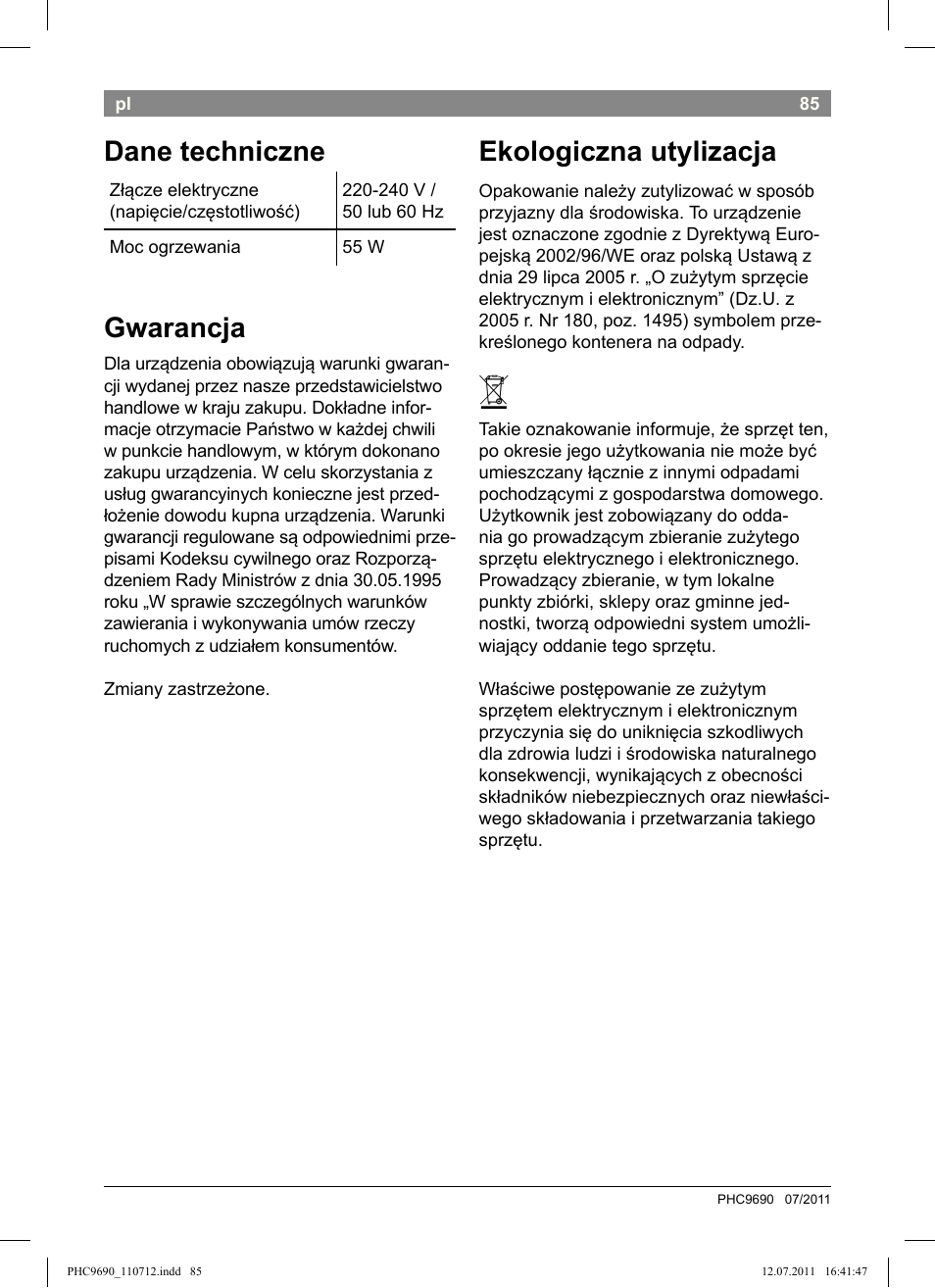 Dane techniczne, Gwarancja, Ekologiczna utylizacja | Bosch PHC9690 Lockenformer ProSalon G-curler User Manual | Page 89 / 120