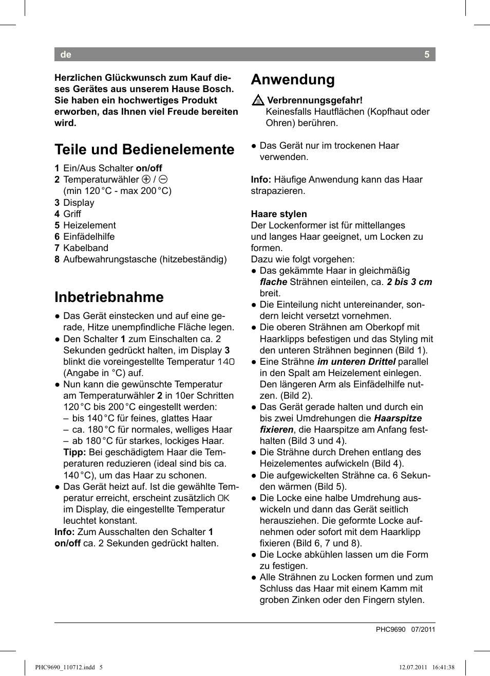 Teile und bedienelemente, Inbetriebnahme, Anwendung | Bosch PHC9690 Lockenformer ProSalon G-curler User Manual | Page 9 / 120