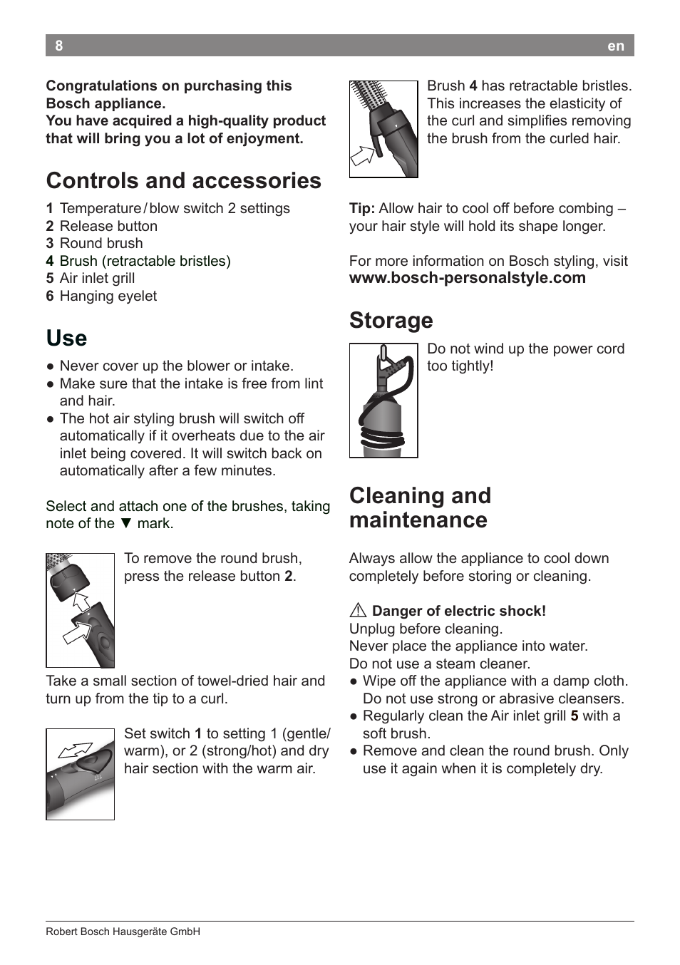 Controls and accessories, Storage, Cleaning and maintenance | Bosch PHA2112 Warmluftstylingbürste PureStyle User Manual | Page 10 / 84