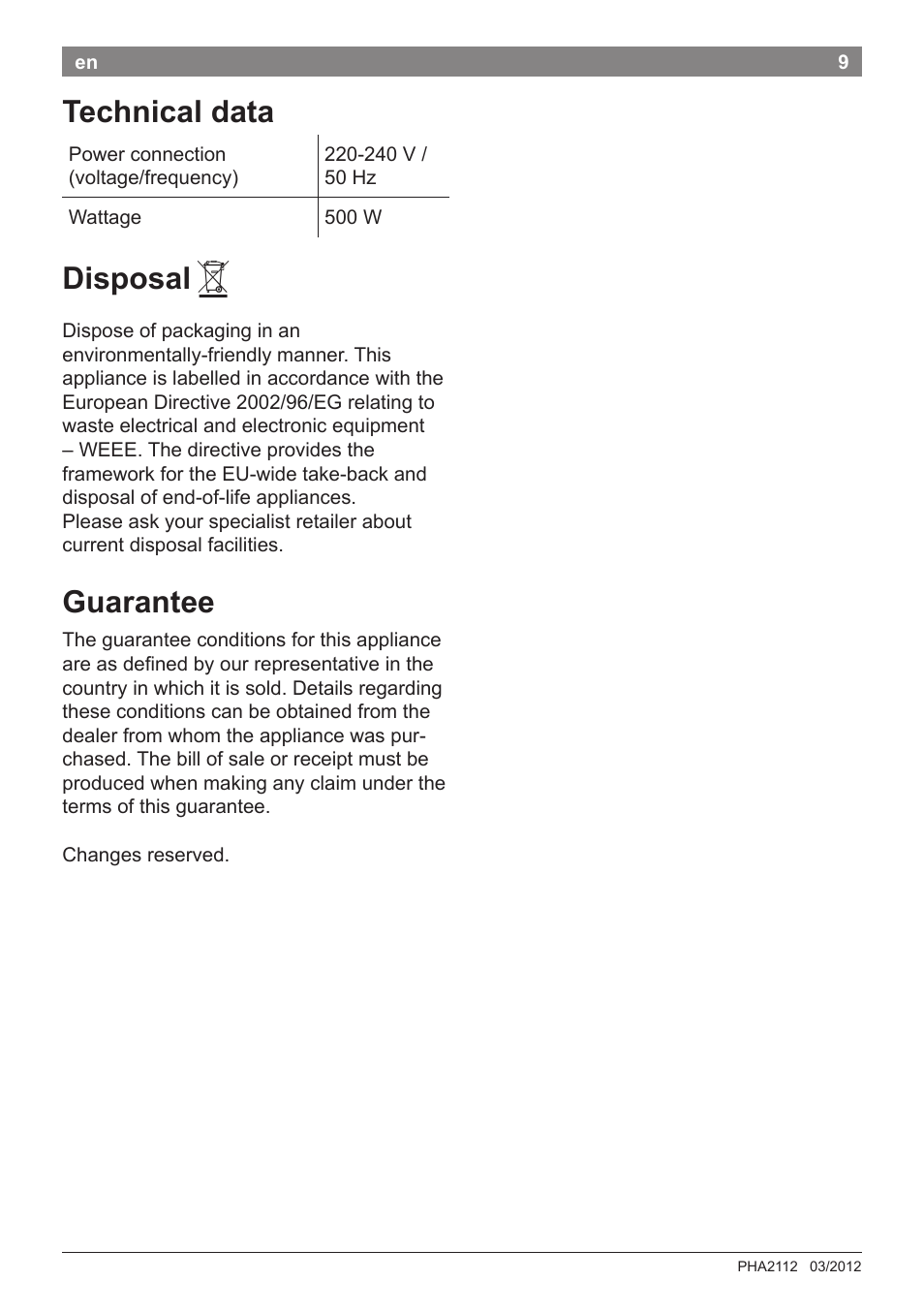 Technical data, Disposal, Guarantee | Bosch PHA2112 Warmluftstylingbürste PureStyle User Manual | Page 11 / 84