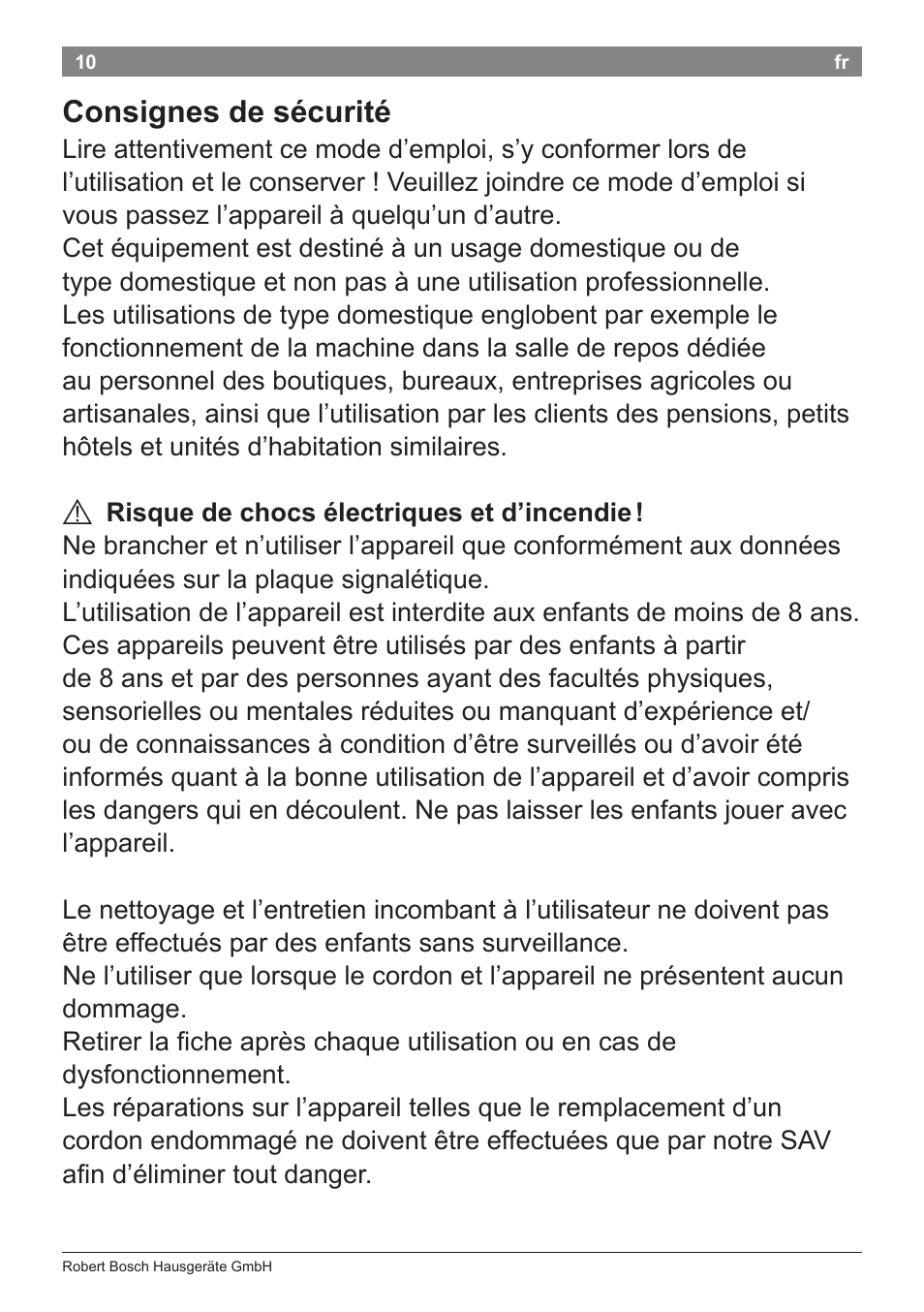 Consignes de sécurité | Bosch PHA2112 Warmluftstylingbürste PureStyle User Manual | Page 12 / 84