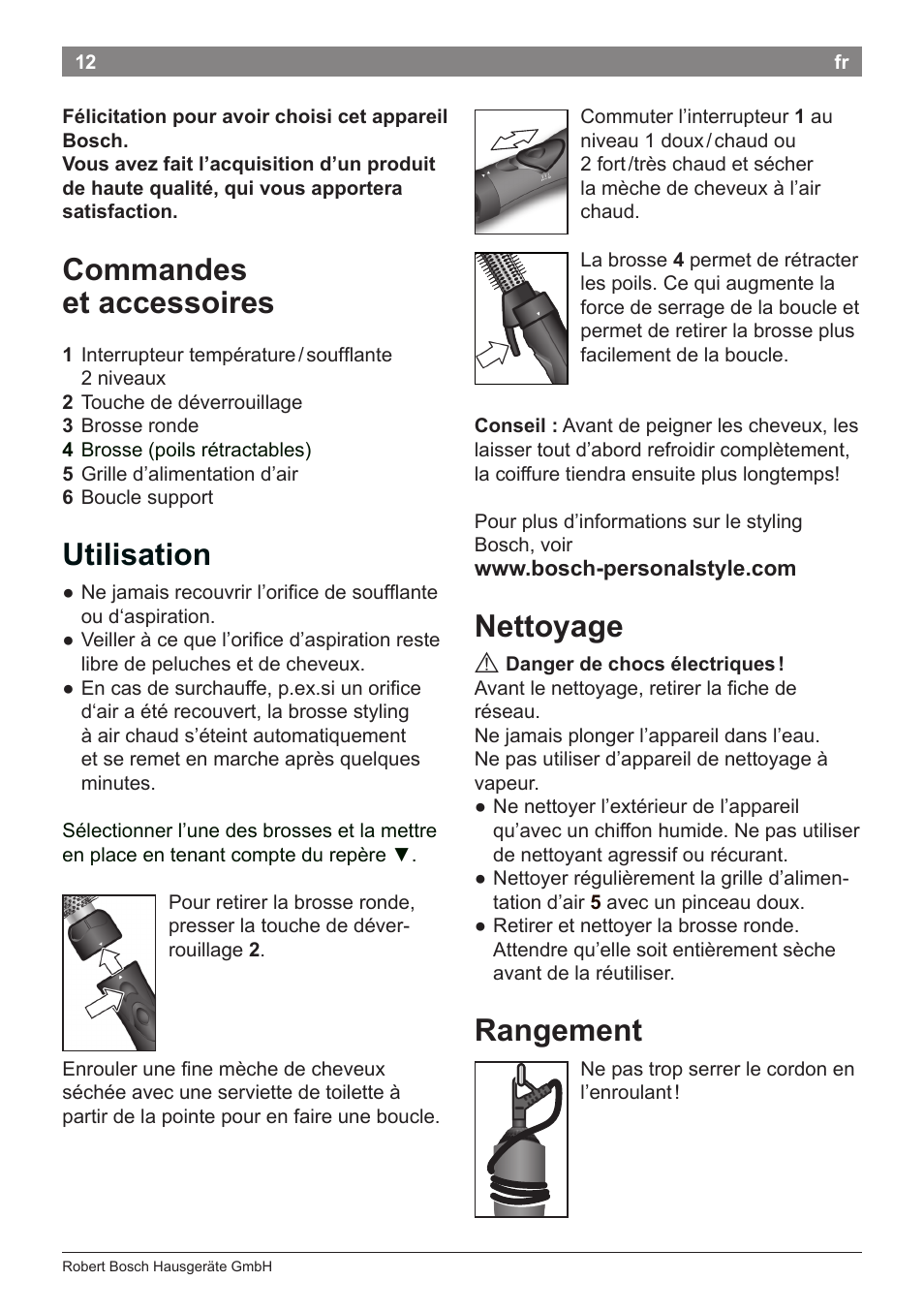 Nettoyage, Rangement, Commandes et accessoires | Utilisation | Bosch PHA2112 Warmluftstylingbürste PureStyle User Manual | Page 14 / 84