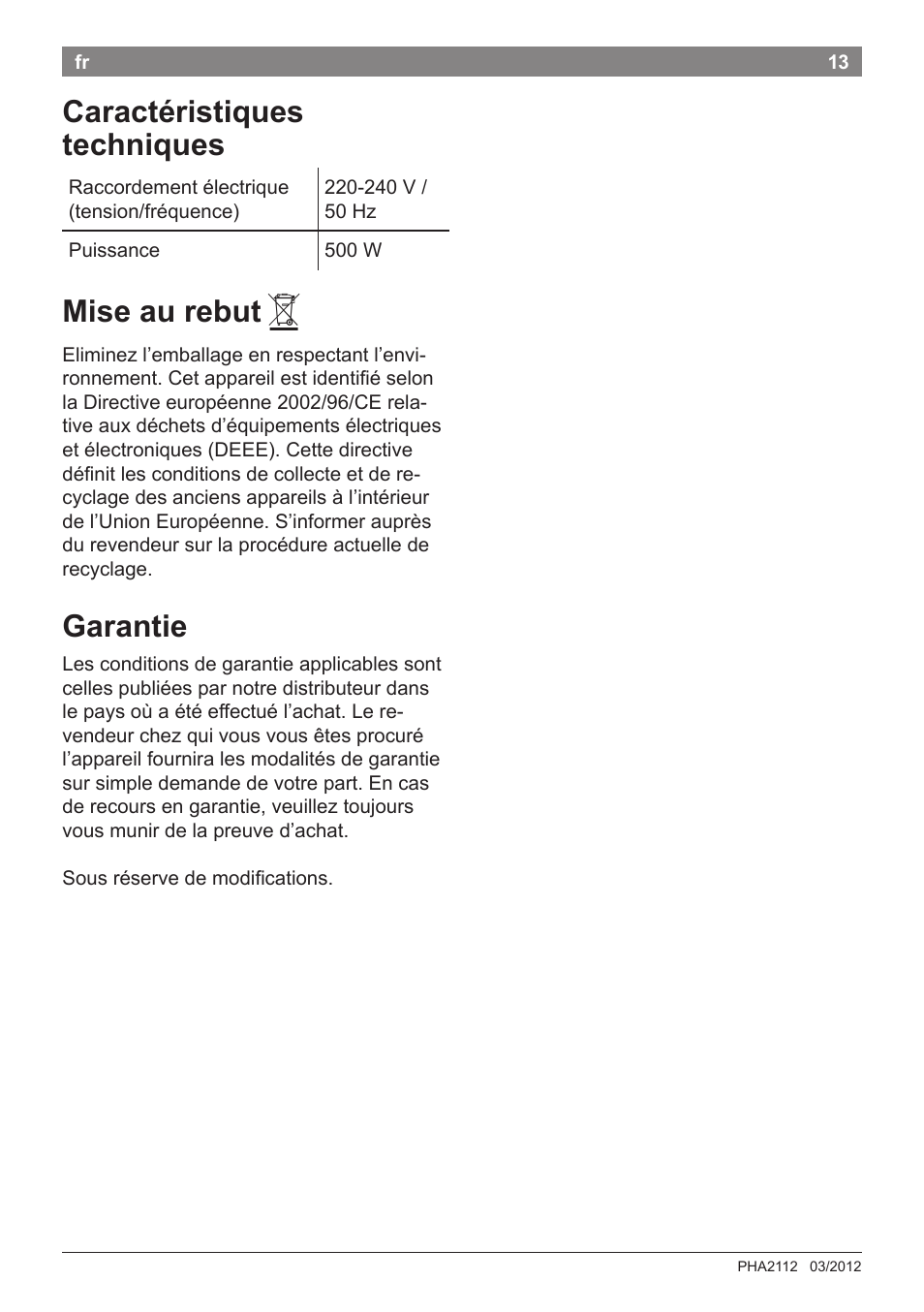 Caractéristiques techniques, Mise au rebut, Garantie | Bosch PHA2112 Warmluftstylingbürste PureStyle User Manual | Page 15 / 84