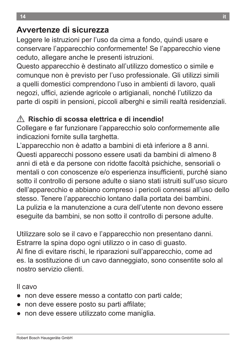 Avvertenze di sicurezza | Bosch PHA2112 Warmluftstylingbürste PureStyle User Manual | Page 16 / 84