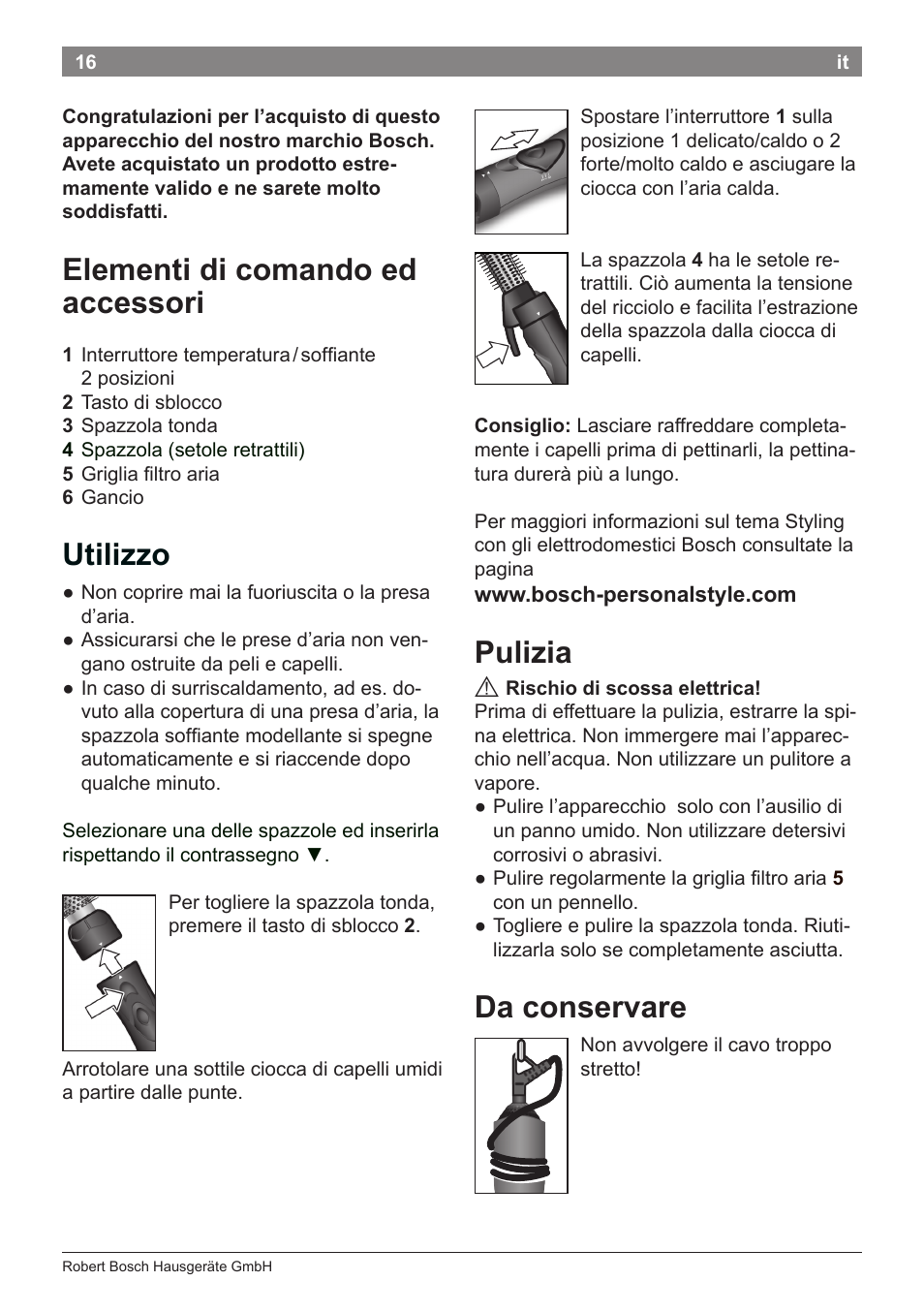 Elementi di comando ed accessori, Utilizzo, Pulizia | Da conservare | Bosch PHA2112 Warmluftstylingbürste PureStyle User Manual | Page 18 / 84