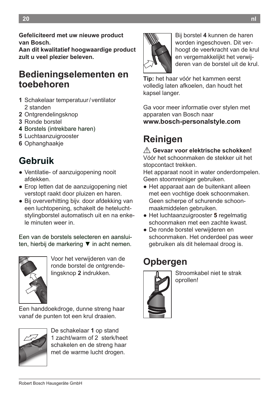 Bedieningselementen en toebehoren, Gebruik, Reinigen | Opbergen | Bosch PHA2112 Warmluftstylingbürste PureStyle User Manual | Page 22 / 84