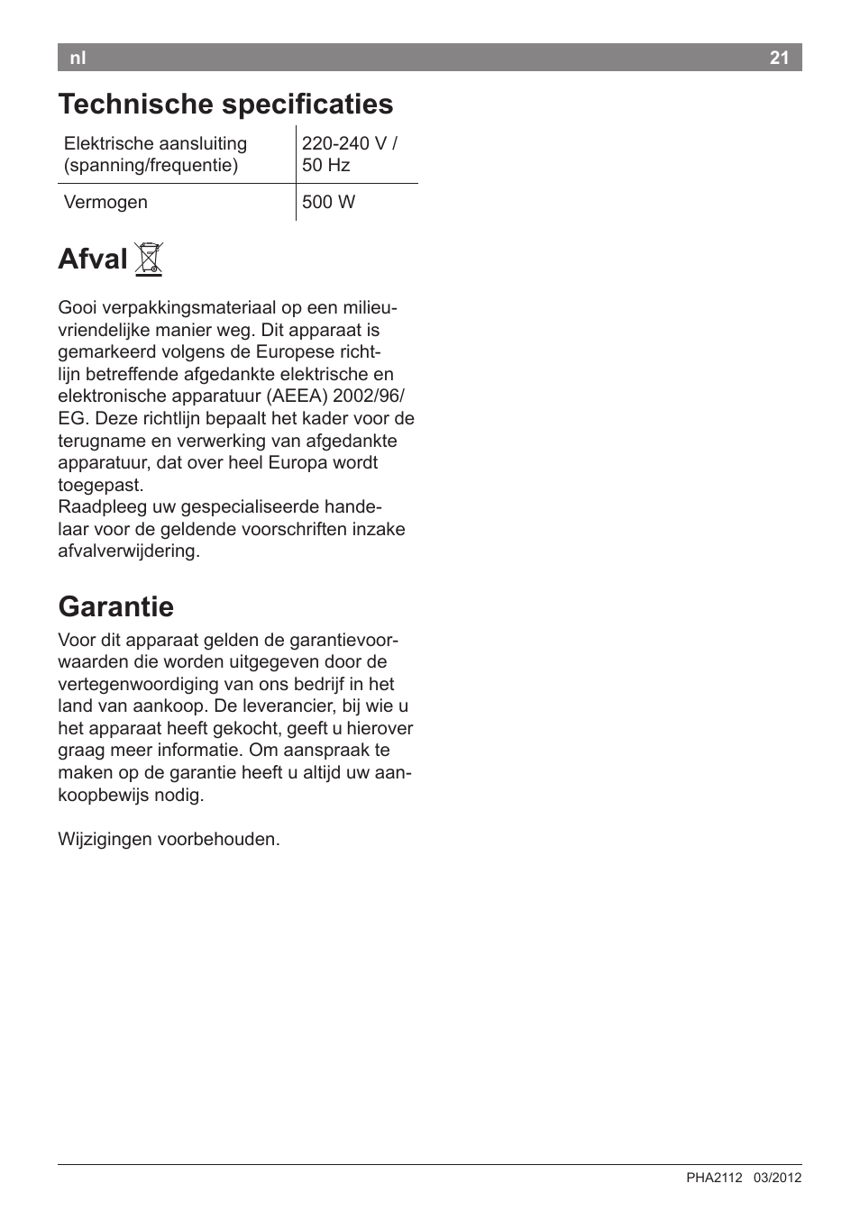 Technische specificaties, Afval, Garantie | Bosch PHA2112 Warmluftstylingbürste PureStyle User Manual | Page 23 / 84