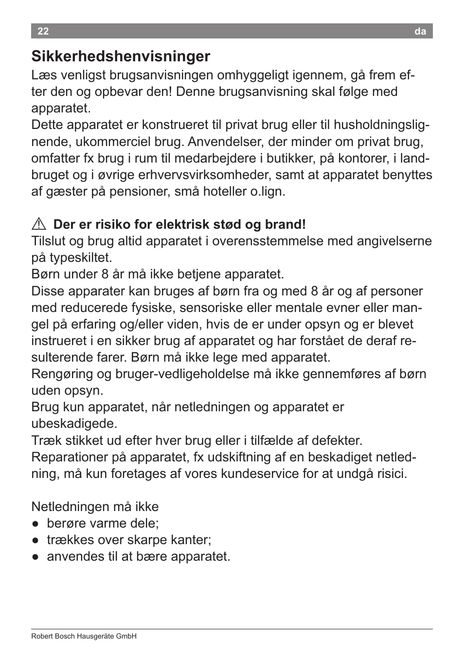 Sikkerhedshenvisninger | Bosch PHA2112 Warmluftstylingbürste PureStyle User Manual | Page 24 / 84