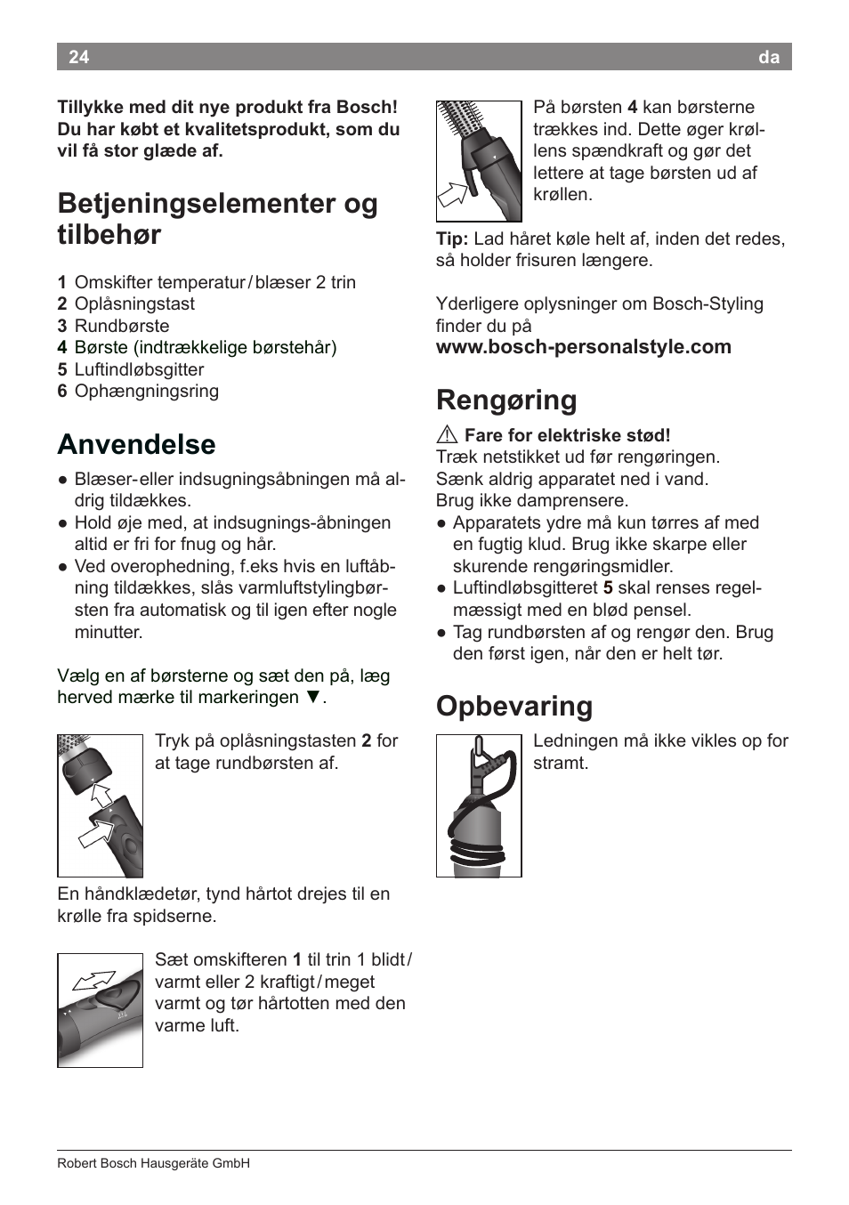 Betjeningselementer og tilbehør, Anvendelse, Rengøring | Opbevaring | Bosch PHA2112 Warmluftstylingbürste PureStyle User Manual | Page 26 / 84