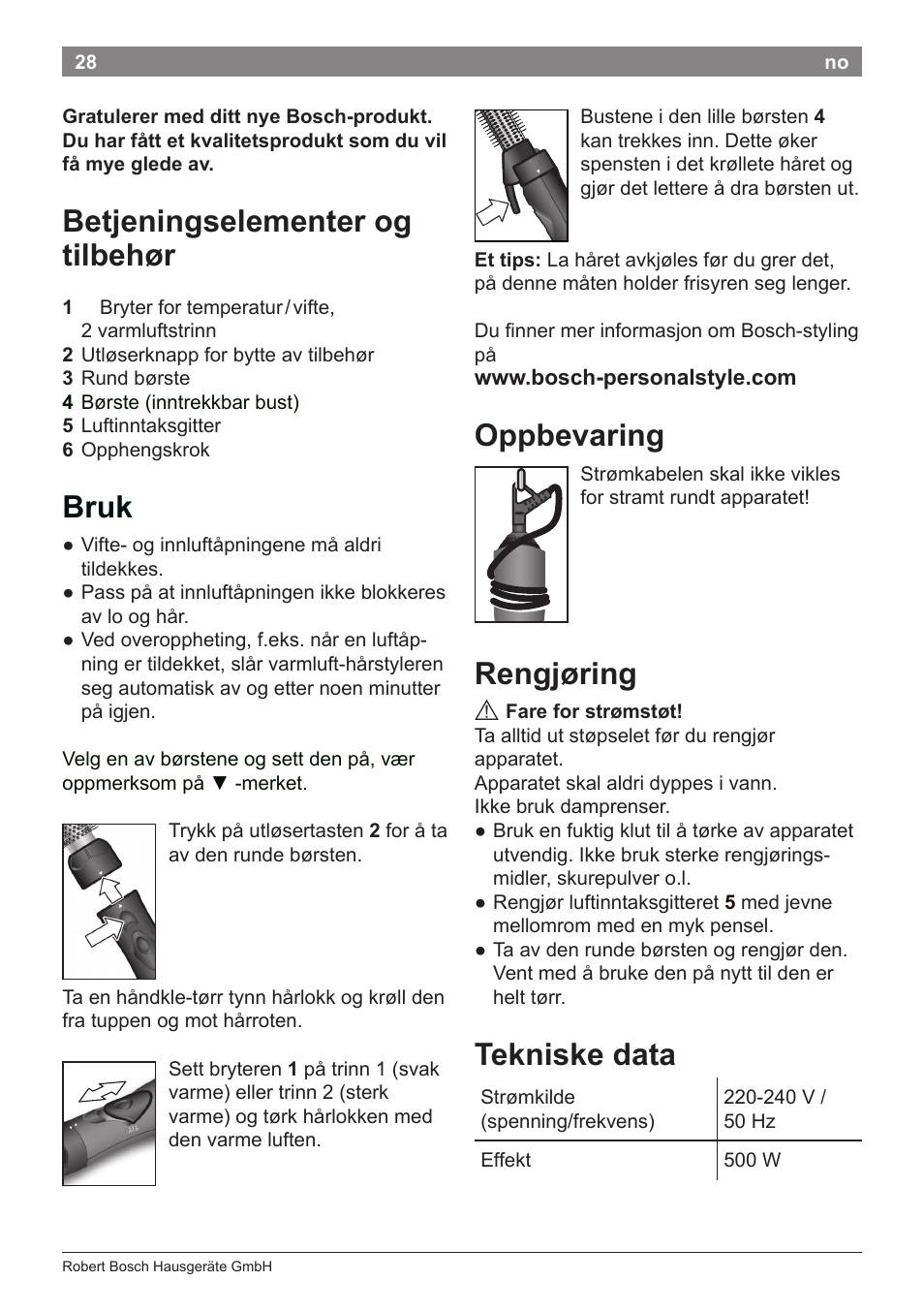 Betjeningselementer og tilbehør, Bruk, Oppbevaring | Rengjøring, Tekniske data | Bosch PHA2112 Warmluftstylingbürste PureStyle User Manual | Page 30 / 84