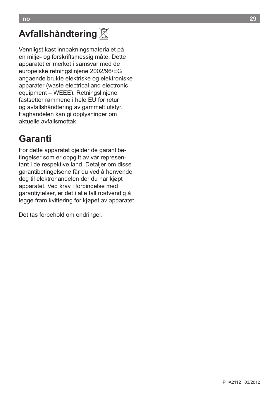 Avfallshåndtering, Garanti | Bosch PHA2112 Warmluftstylingbürste PureStyle User Manual | Page 31 / 84