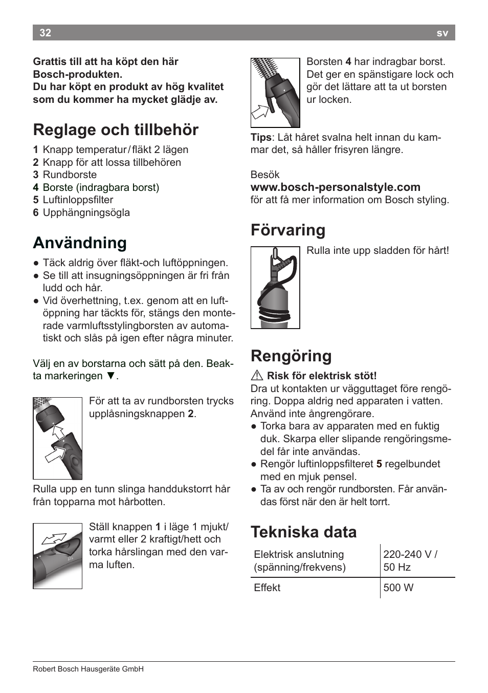 Reglage och tillbehör, Användning, Förvaring | Rengöring, Tekniska data | Bosch PHA2112 Warmluftstylingbürste PureStyle User Manual | Page 34 / 84