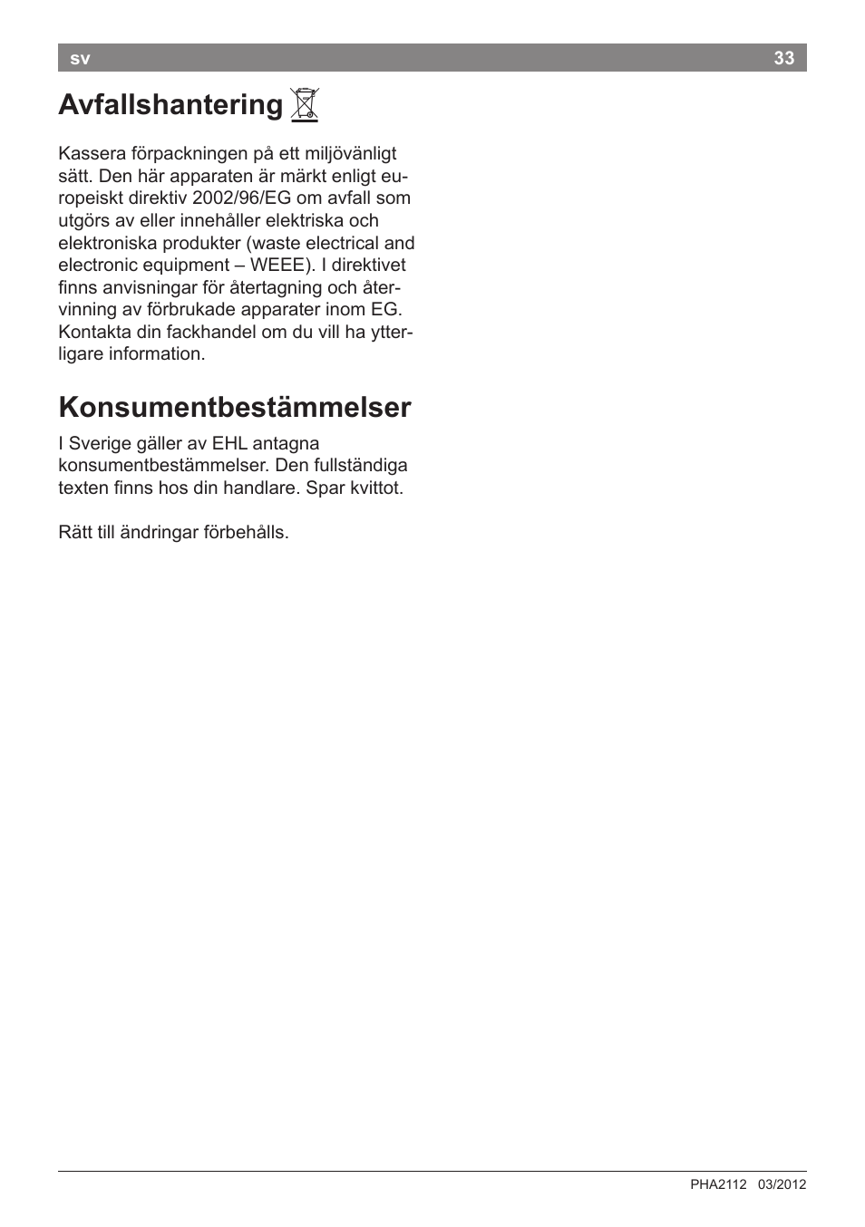 Avfallshantering, Konsumentbestämmelser | Bosch PHA2112 Warmluftstylingbürste PureStyle User Manual | Page 35 / 84