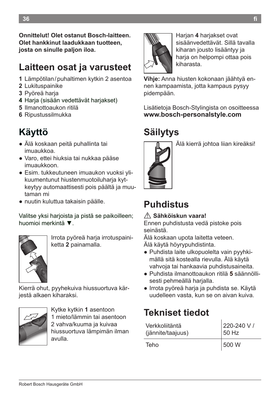 Laitteen osat ja varusteet, Käyttö, Säilytys | Puhdistus, Tekniset tiedot | Bosch PHA2112 Warmluftstylingbürste PureStyle User Manual | Page 38 / 84