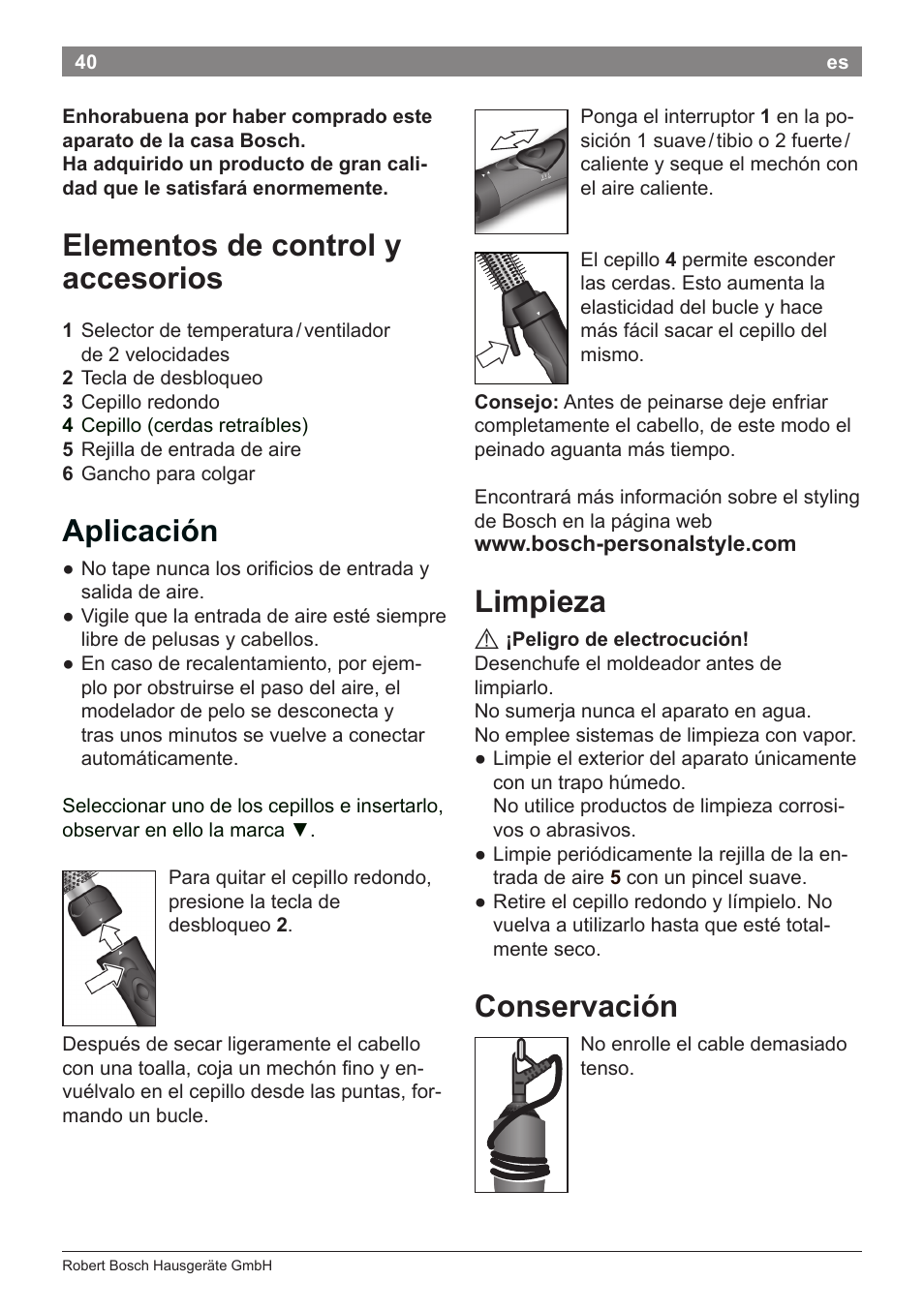 Elementos de control y accesorios, Aplicación, Limpieza | Conservación | Bosch PHA2112 Warmluftstylingbürste PureStyle User Manual | Page 42 / 84