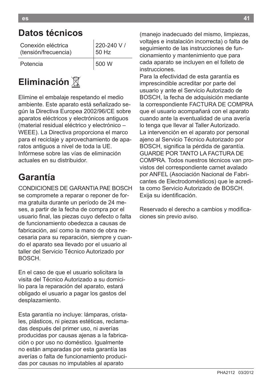 Datos técnicos, Eliminación, Garantía | Bosch PHA2112 Warmluftstylingbürste PureStyle User Manual | Page 43 / 84
