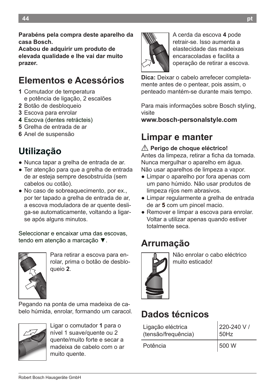 Elementos e acessórios, Utilização, Limpar e manter | Arrumação, Dados técnicos | Bosch PHA2112 Warmluftstylingbürste PureStyle User Manual | Page 46 / 84