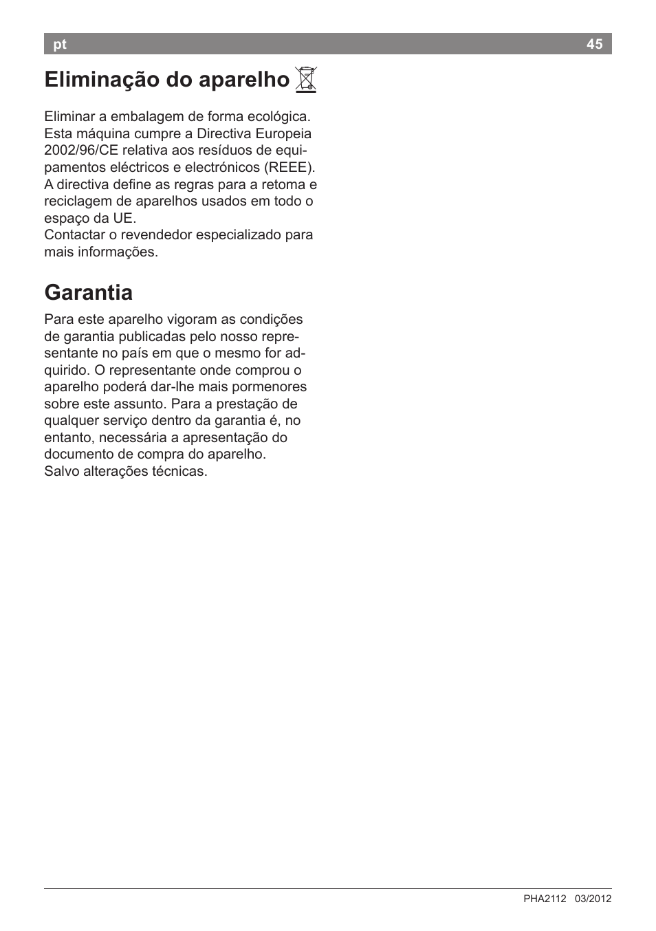 Eliminação do aparelho, Garantia | Bosch PHA2112 Warmluftstylingbürste PureStyle User Manual | Page 47 / 84