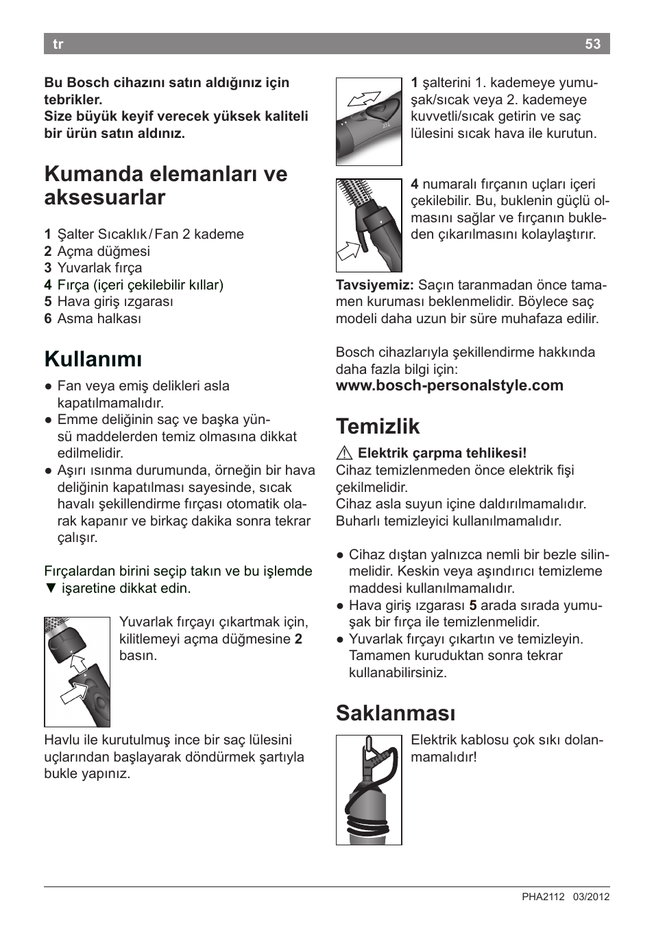 Kumanda elemanları ve aksesuarlar, Kullanımı, Temizlik | Saklanması | Bosch PHA2112 Warmluftstylingbürste PureStyle User Manual | Page 55 / 84
