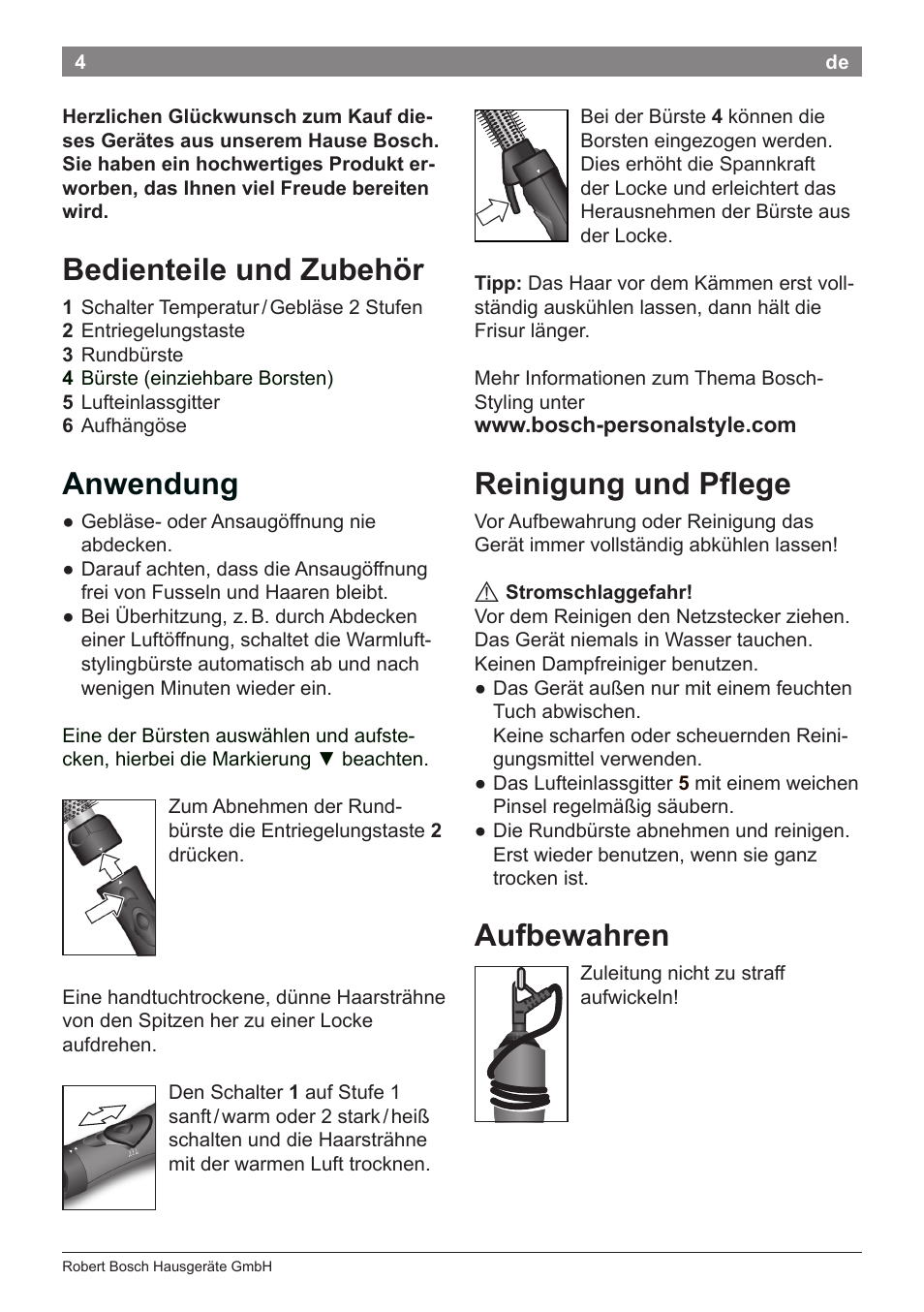 Bedienteile und zubehör, Anwendung, Reinigung und pflege | Aufbewahren | Bosch PHA2112 Warmluftstylingbürste PureStyle User Manual | Page 6 / 84