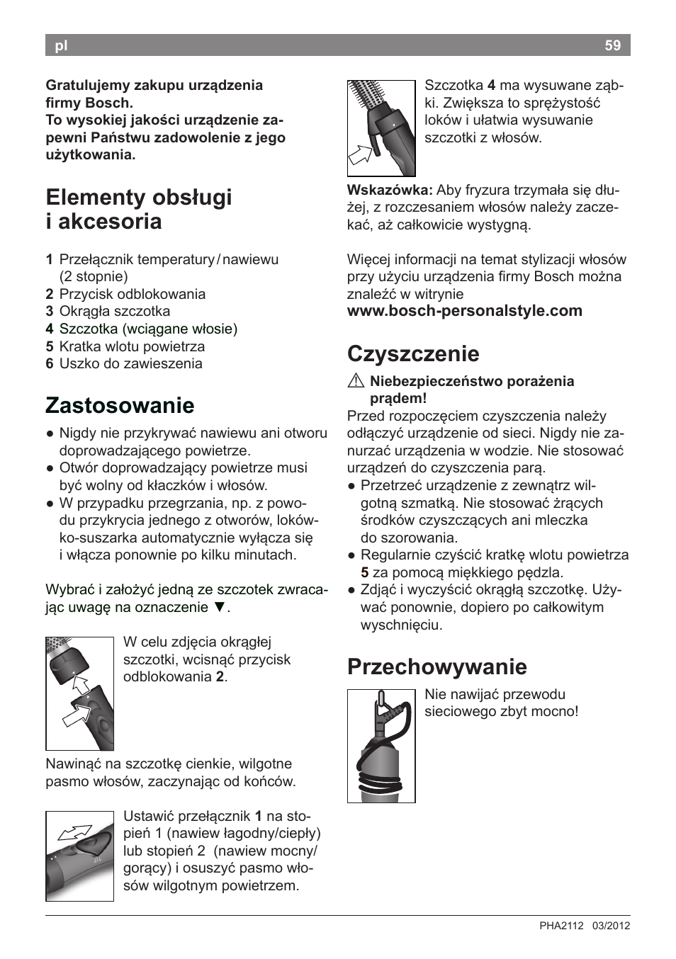 Elementy obsługi i akcesoria, Zastosowanie, Czyszczenie | Przechowywanie | Bosch PHA2112 Warmluftstylingbürste PureStyle User Manual | Page 61 / 84