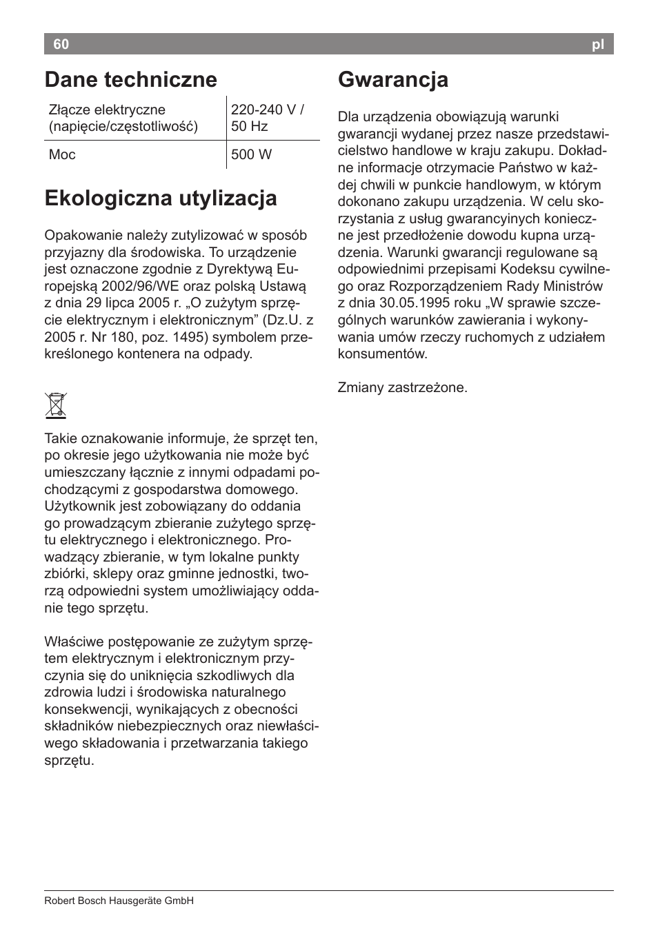 Dane techniczne, Ekologiczna utylizacja, Gwarancja | Bosch PHA2112 Warmluftstylingbürste PureStyle User Manual | Page 62 / 84