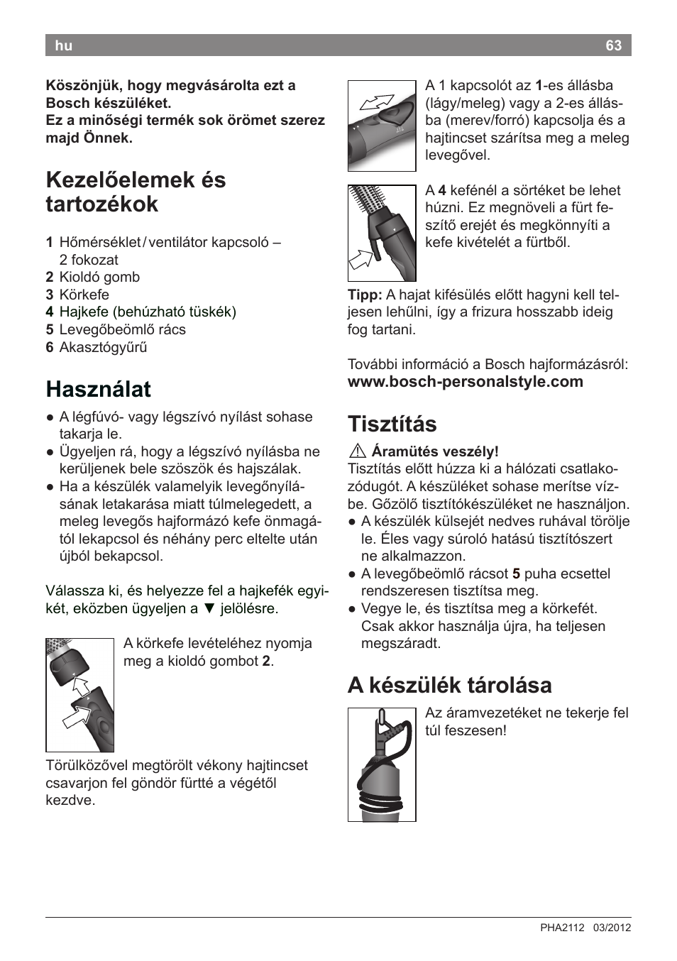 Kezelőelemek és tartozékok, Használat, Tisztítás | A készülék tárolása | Bosch PHA2112 Warmluftstylingbürste PureStyle User Manual | Page 65 / 84