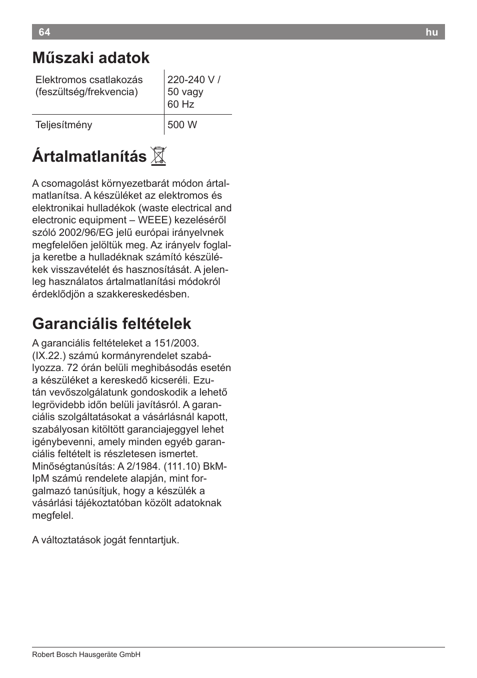 Műszaki adatok, Ártalmatlanítás, Garanciális feltételek | Bosch PHA2112 Warmluftstylingbürste PureStyle User Manual | Page 66 / 84