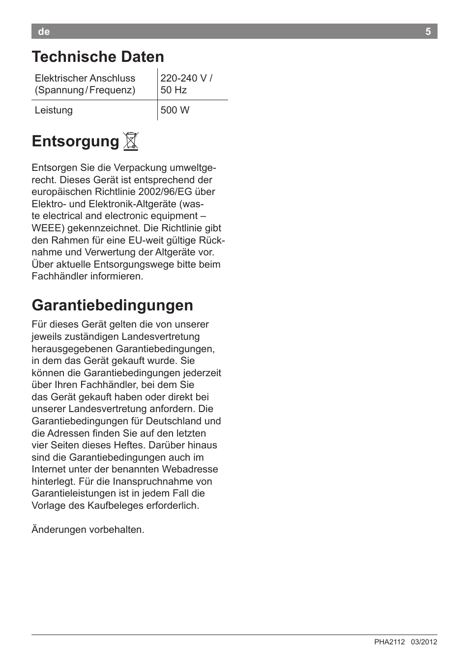 Technische daten, Entsorgung, Garantiebedingungen | Bosch PHA2112 Warmluftstylingbürste PureStyle User Manual | Page 7 / 84