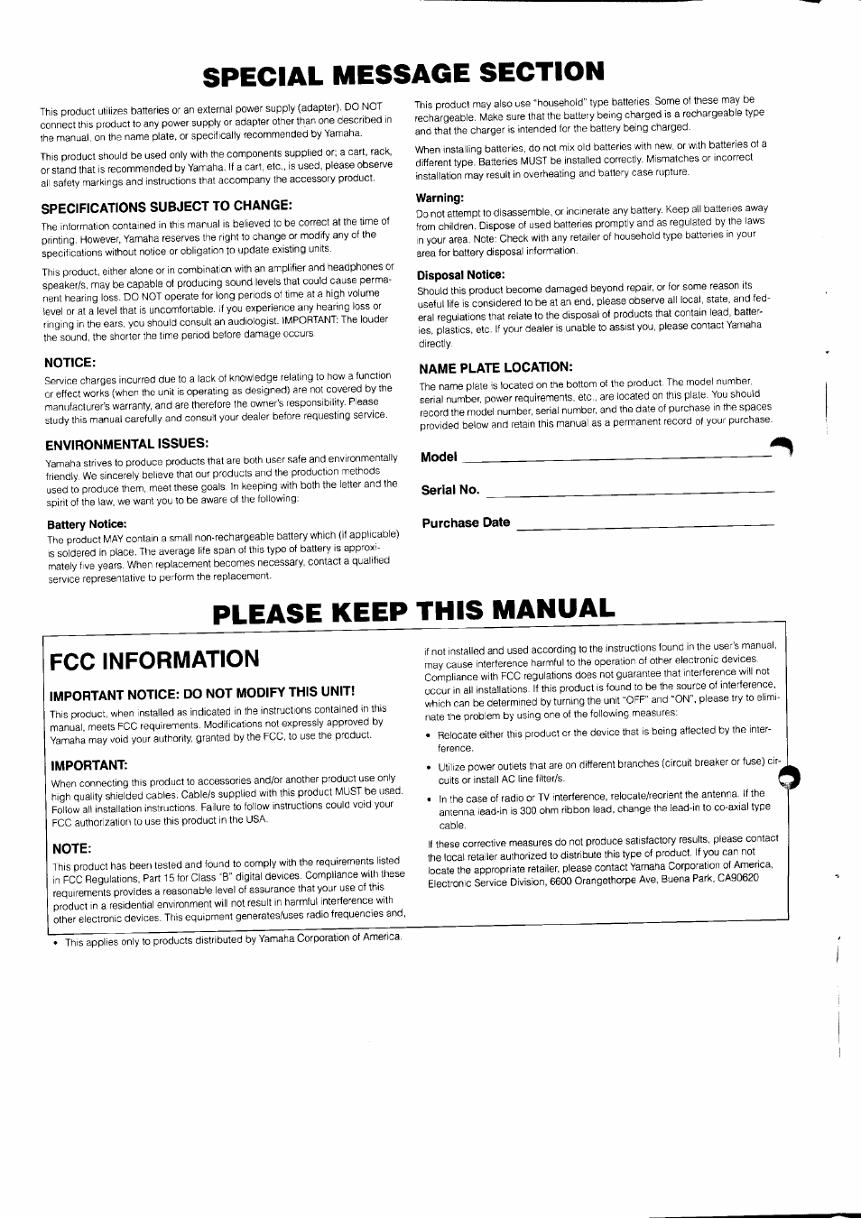 Specifications subject to change, Notice, Environmental issues | Battery notice, Disposal notice, Name plate location, Serial no, Purchase date, Important notice; do not modify this unit, Important | Yamaha PSR-310  EN User Manual | Page 2 / 40