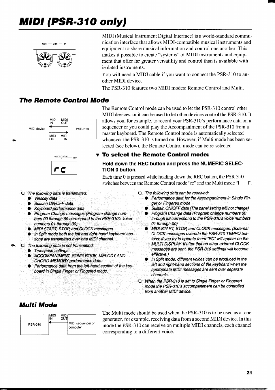 Midi (psr-310 only), The remote control mode, Multi mode | The remote control mode multi mode | Yamaha PSR-310  EN User Manual | Page 23 / 40