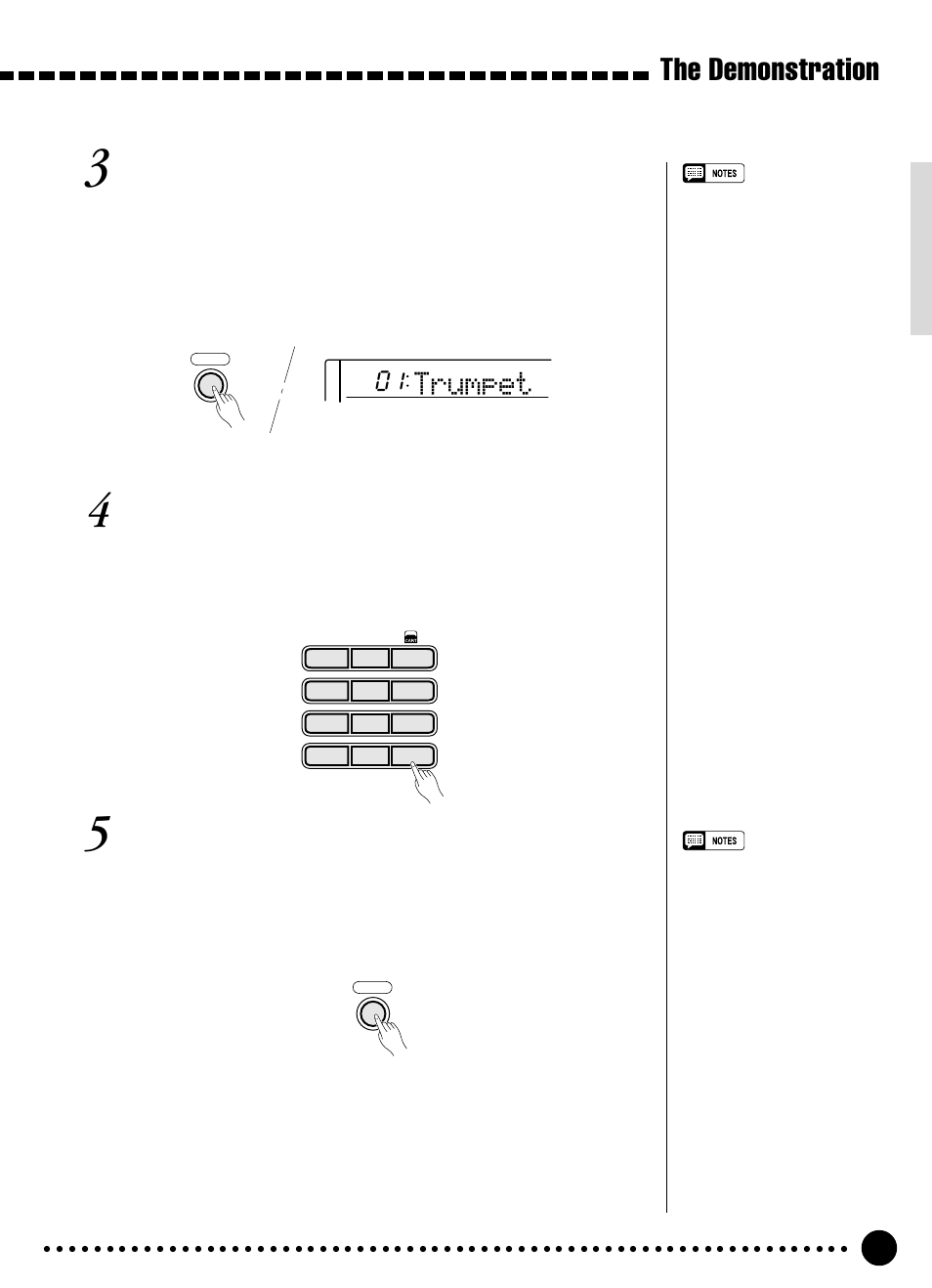 The demonstration, Trumpet, Press the [demo] button | Skip to the beginning of a different demo song, Exit when done | Yamaha PSR-320 User Manual | Page 10 / 73