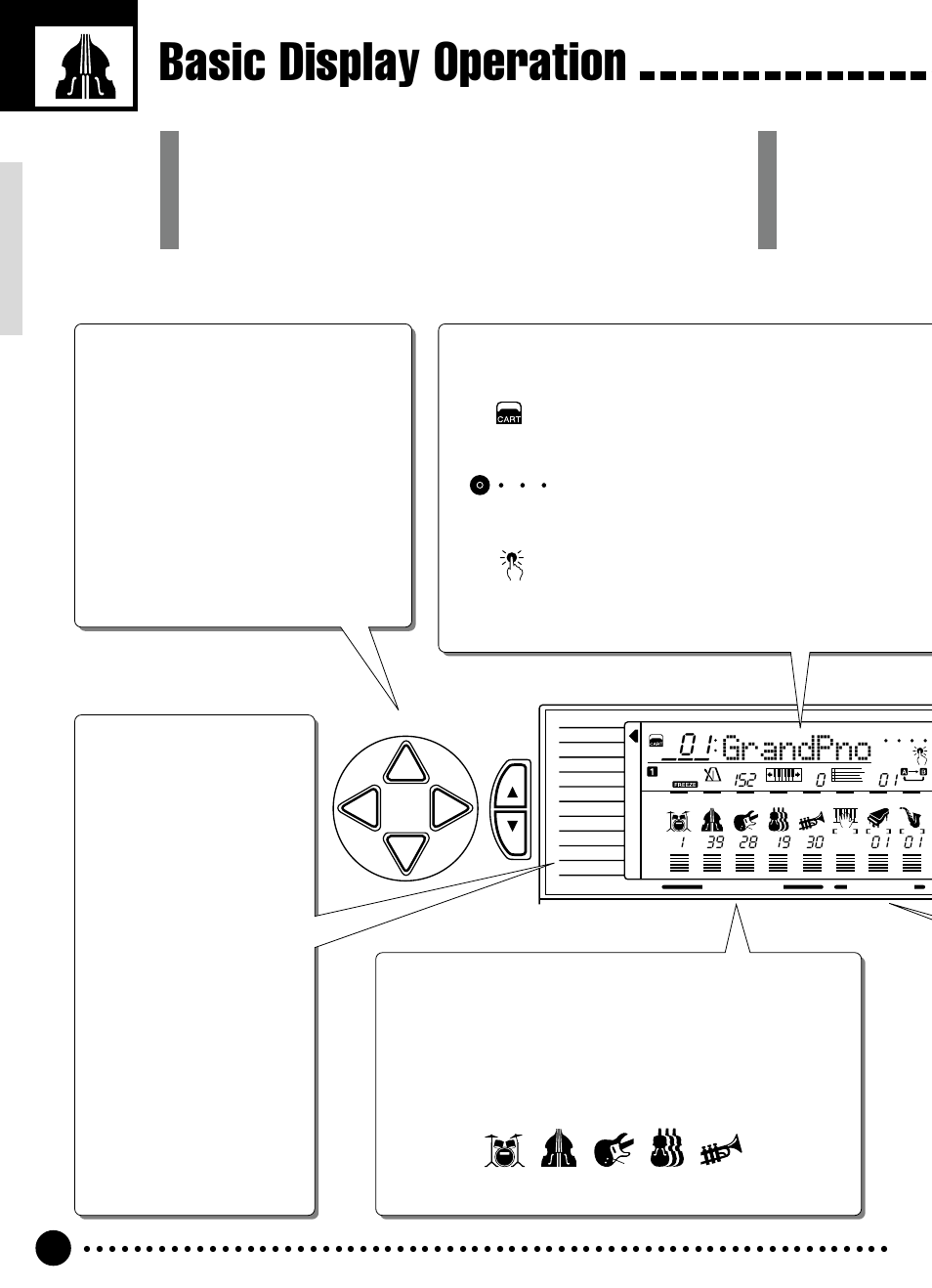 Basic display operation, Grandpno, Parameter icons | Accompaniment track parameters & icons, The functions | Yamaha PSR-320 User Manual | Page 11 / 73