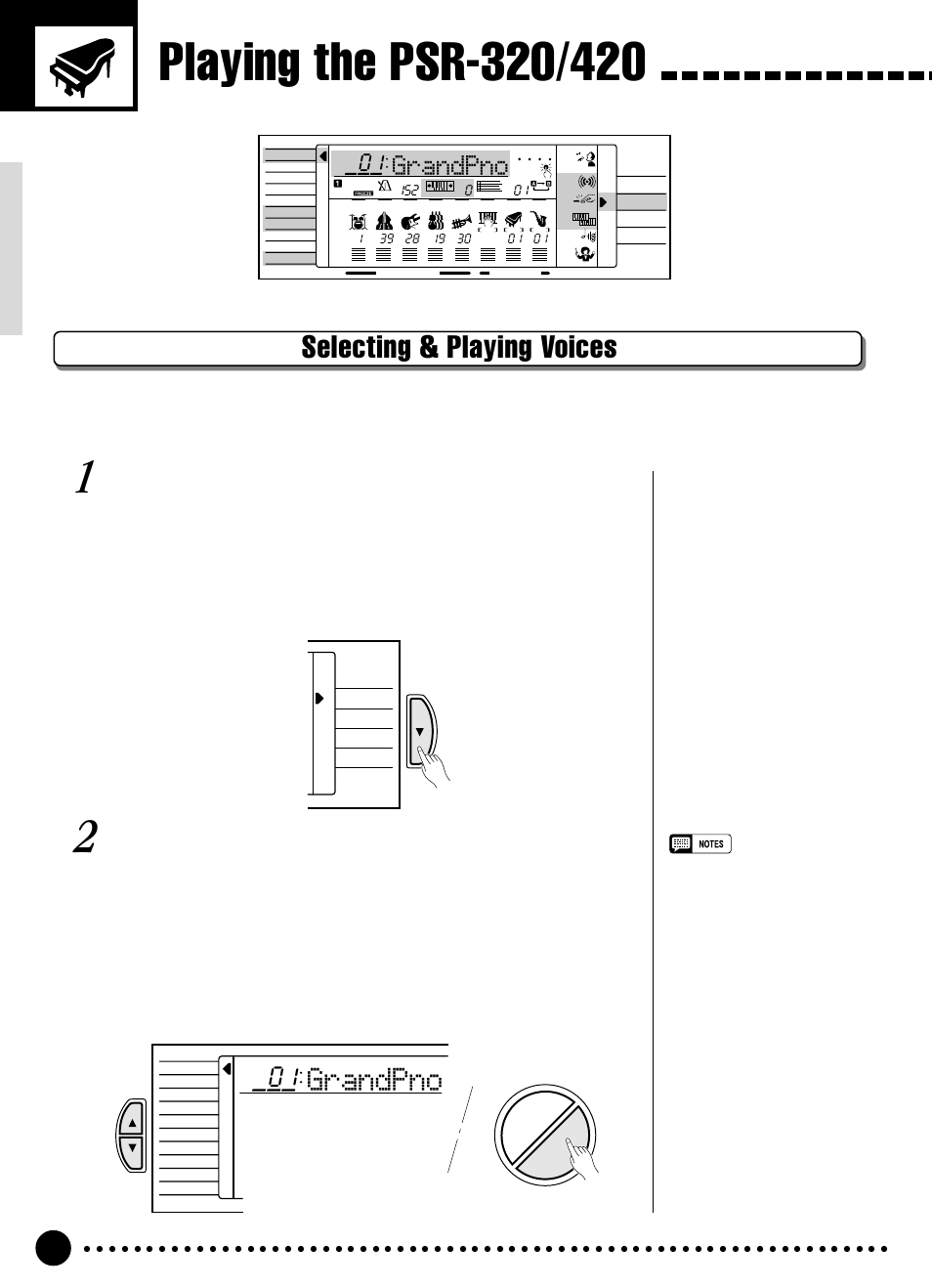 Selecting & playing voices, Grandpno, Select the normal mode | Select the voice function | Yamaha PSR-320 User Manual | Page 13 / 73
