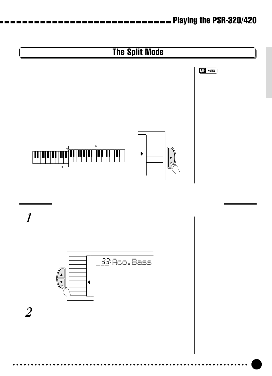 Aco.bass, Changing the split voice & related parameters, Select the split voice function | Select the function and set as required | Yamaha PSR-320 User Manual | Page 16 / 73