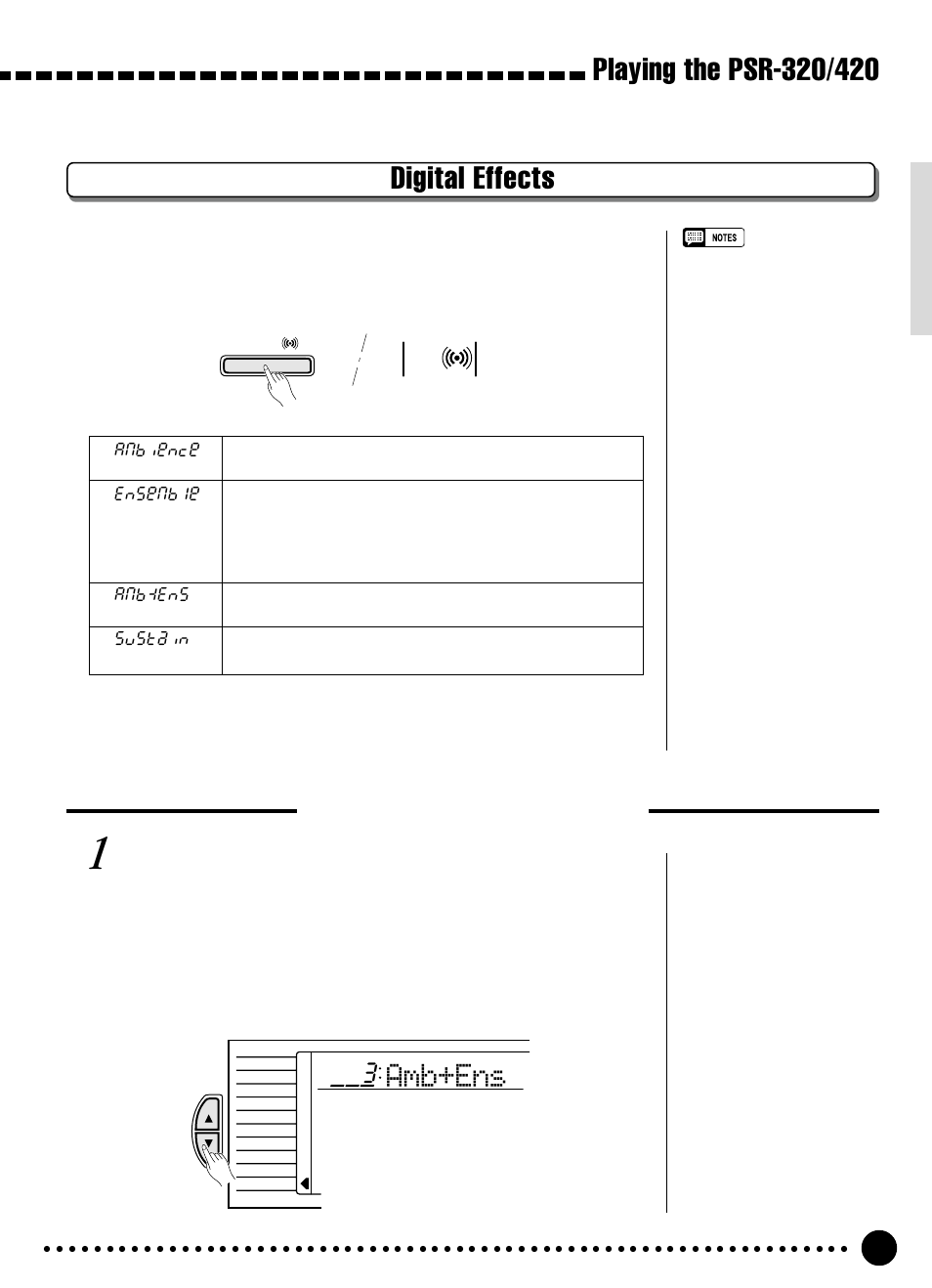 Digital effects, Amb+ens, Changing the digital effect | O0 3, Select the digital effect function | Yamaha PSR-320 User Manual | Page 20 / 73