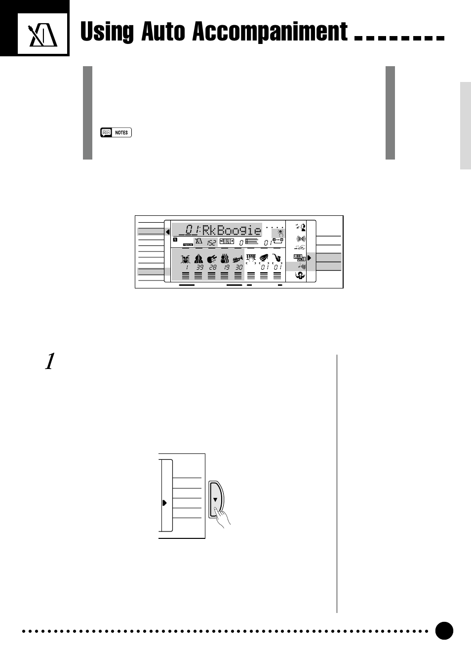 Using auto accompaniment, Rkboogie, Select the single or fingered accompaniment mode | Yamaha PSR-320 User Manual | Page 22 / 73