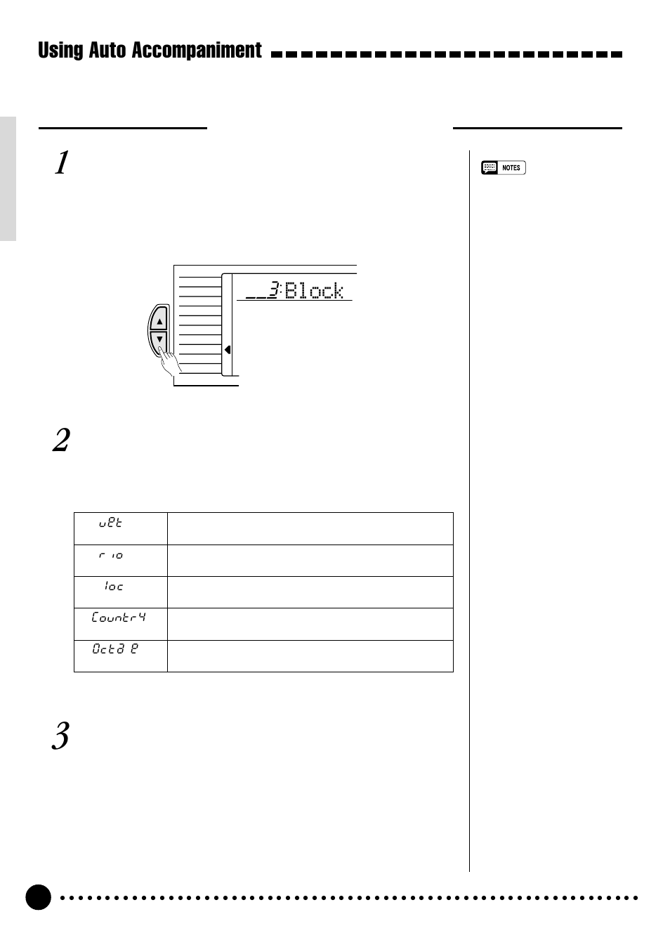 Using auto accompaniment, Block, Selecting a harmony type | Select the harmony function, Select a harmony type, Exit | Yamaha PSR-320 User Manual | Page 33 / 73