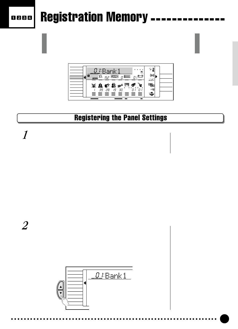 Registering the panel settings, Bank1, Set up the controls as required | Select a registration bank (if necessary) | Yamaha PSR-320 User Manual | Page 34 / 73