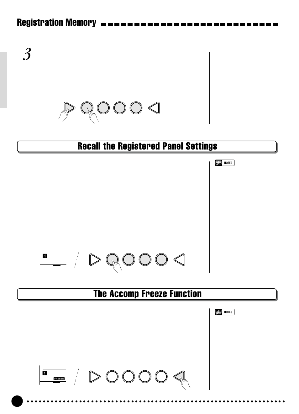 The accomp freeze function, Recall the registered panel settings, Register the settings | Yamaha PSR-320 User Manual | Page 35 / 73